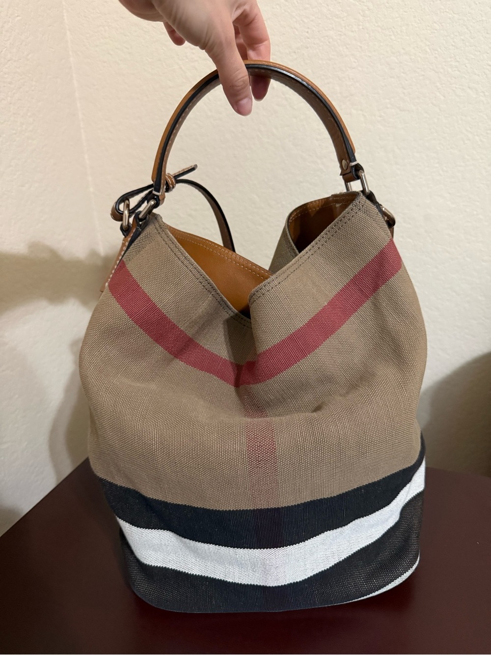 Burberry Brown Leather-Trim Canvas Tote with Red Accent
